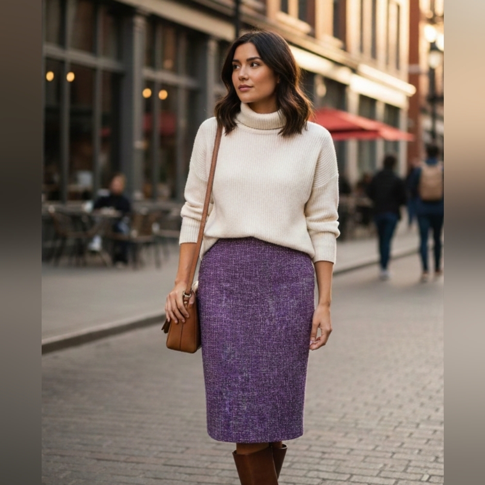 United Colors Benetton Pencil Skirt Purple Tweed Wool blend Small Classic